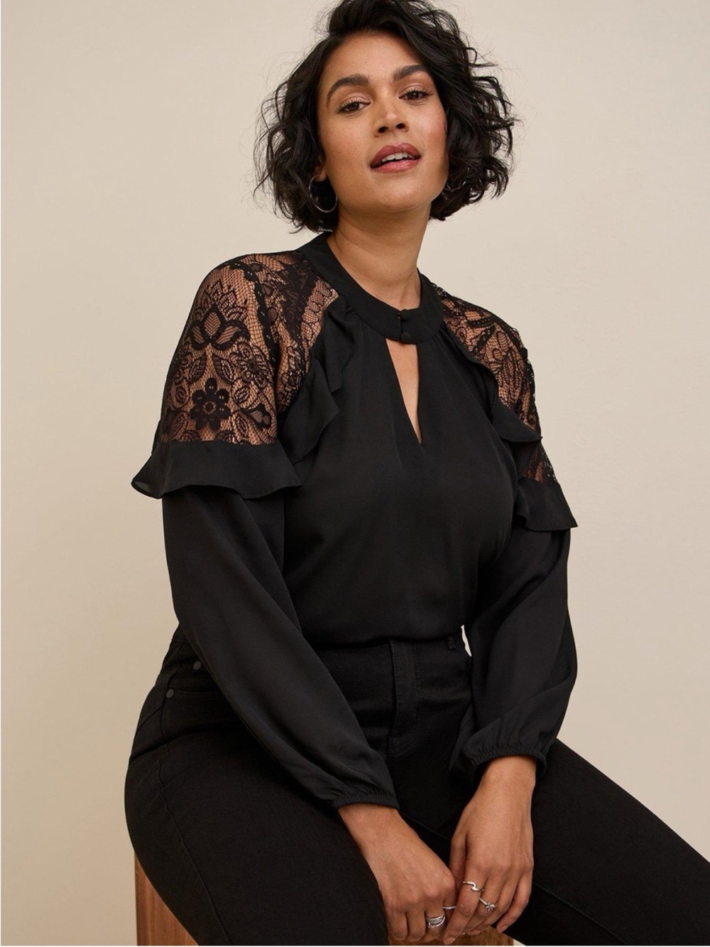 NWT Torrid Georgette Crochet Lace Ruffle Keyhole Blouse Black 5X